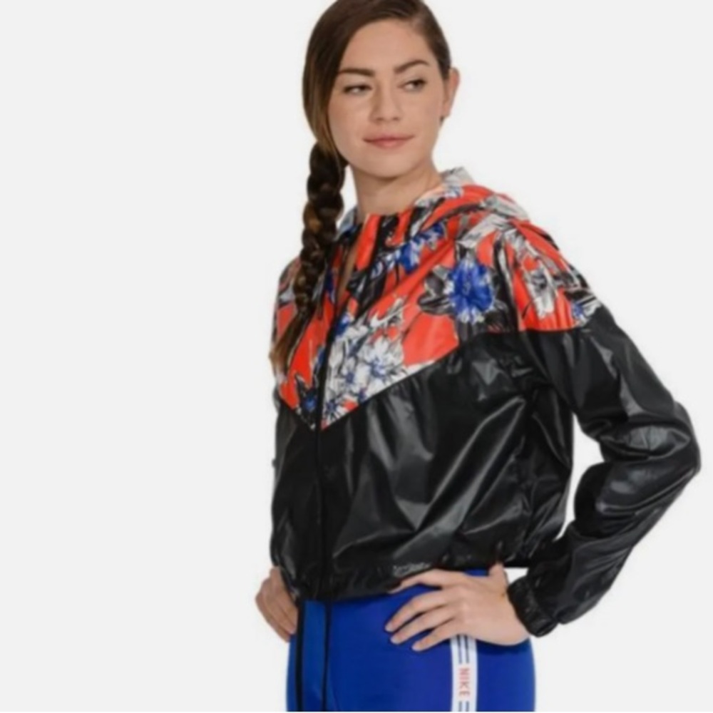 Nike Womens S Windrunner Jacket Cropped Black Floral Windbreaker